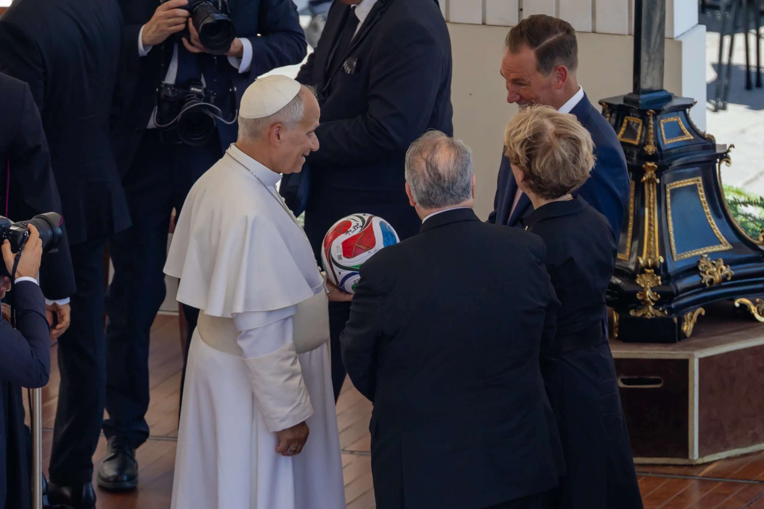 Pope Leo receives official FIFA World Cup soccer ball from US, Canada, Mexico ambassadors to Holy See